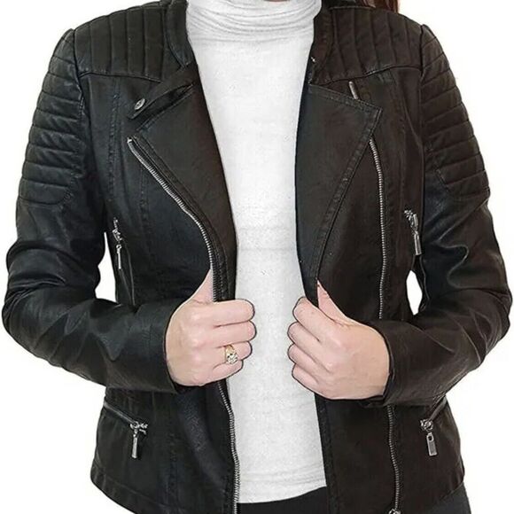 Olivia Miller Faux Leather Zip Up Moto Biker Jacket Medium Black Size 1X Junior - Picture 1 of 8